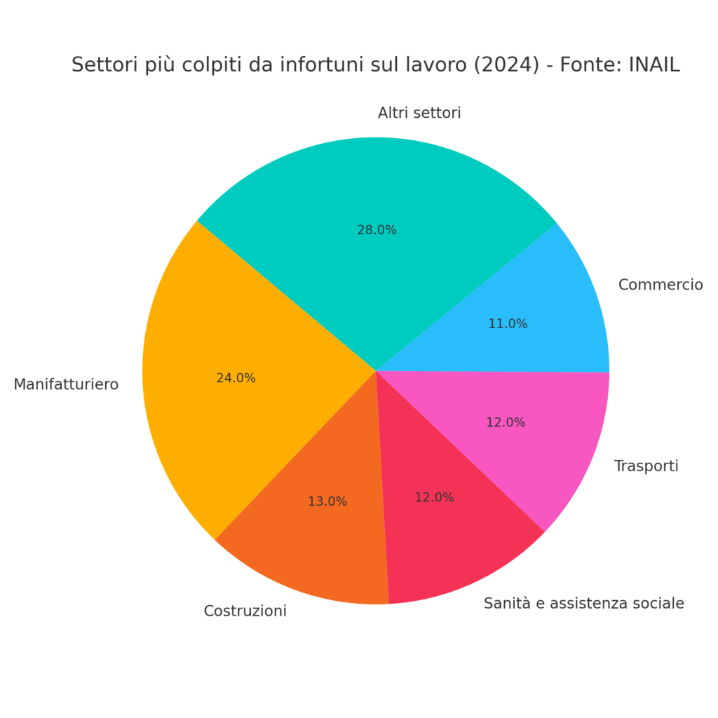 Grafico grafico degli infortuni 2024 suddivisi per settore secondo la relazione Inail 2024