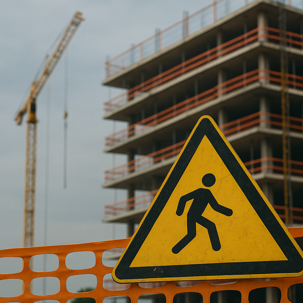 Un cantiere sotto un cielo grigio: tra gru e impalcature, il segnale di pericolo ricorda quanto la sicurezza resti una sfida quotidiana